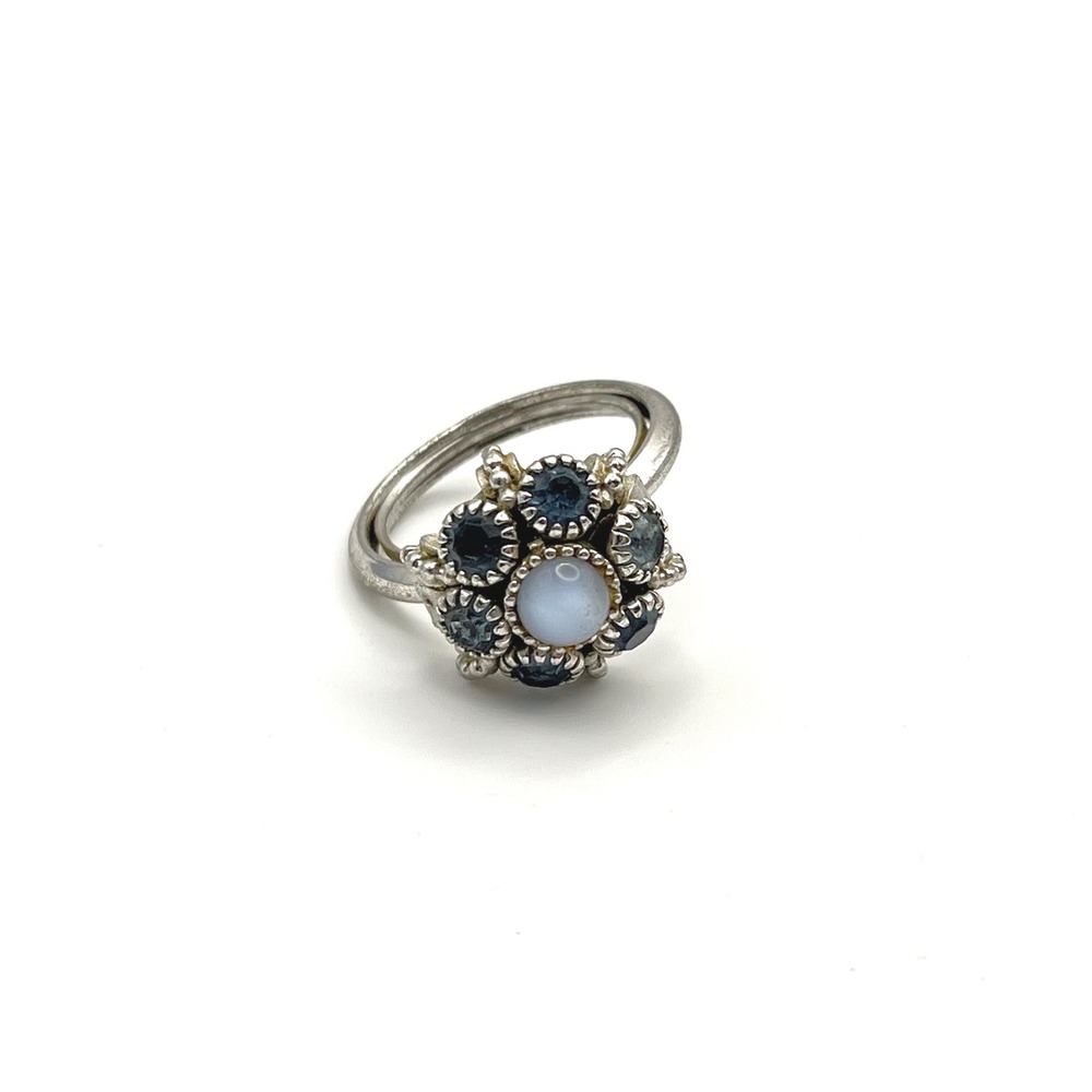 Vintage‎ Avon Blue Rhinestone White Cabochon Floral Adjustable Statement Ring
